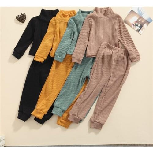 2-7Y Autumn Children Kids Girls Solid Clothes Sets Turtleneck Long Sleeve Pullover Knitted Crop Tops+Elastic Waist Pants Outfits