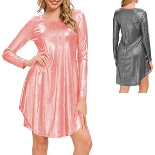 Lady Vertical Line Metallic Long Sleeve Mini Dress shiny O-neck Night top Sleep Dress Laser Color Fashion Club Dress plus size