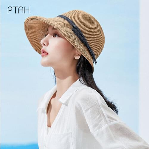 [PTAH] New Summer Women Hat UPF 50+ Wide Brim Roll-up Straw Hat Lightweight Foldable Beach Cap Breathable Sun Protection Visors