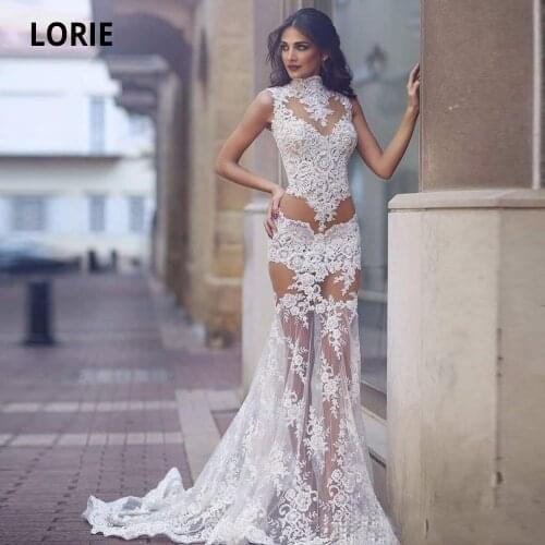LORIE 2020 New Mermaid Wedding Dresses Lace Appliques Sexy See through Illusion Sleeveless Bridal Gowns Court Train Plus Size