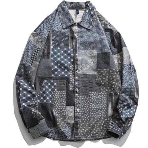 Long Sleeve Denim Shirt for Men Fashion Casual Cashew Flowers Print Patchwork Tops Male Turn-down Collar Vintage Cowboy Clothing