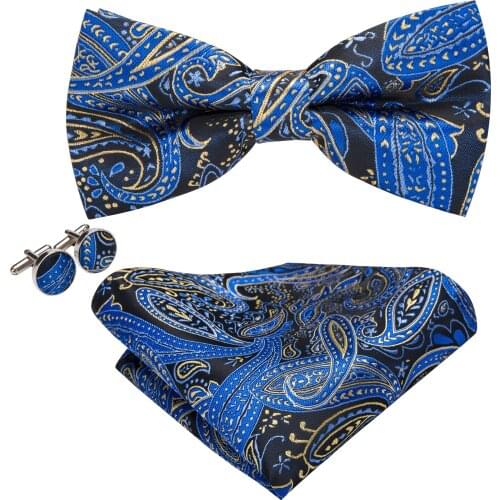 New Fashion Blue Novelty 100% Silk Bow Tie For Men Wedding Butterfly Handky Cufflinks Set Pre-Bowtie Adjustable Barry.Wang G-719