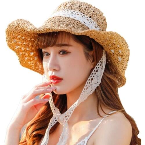 2020 New Fashion Women Summer Large Brim Foldable Sun Hats Handmade Crochet Straw Beach Hat Sun Protection Hat Female