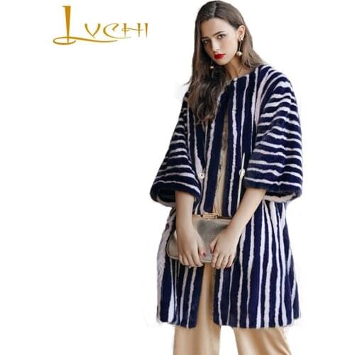 LVCHI Winter 2019 Striped Zipper Blue White Mink Fur Coats Womens Tight Rope On Waist Causal Nine Quarter Long Slim Mink Coats