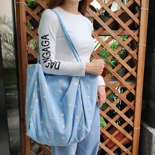 Women Canvas Shoulder Bag Daisy Embroidery Mesh Cloth Bags Large Capacity Big Tote Handbag Female Folding Reusable Shopping Bags