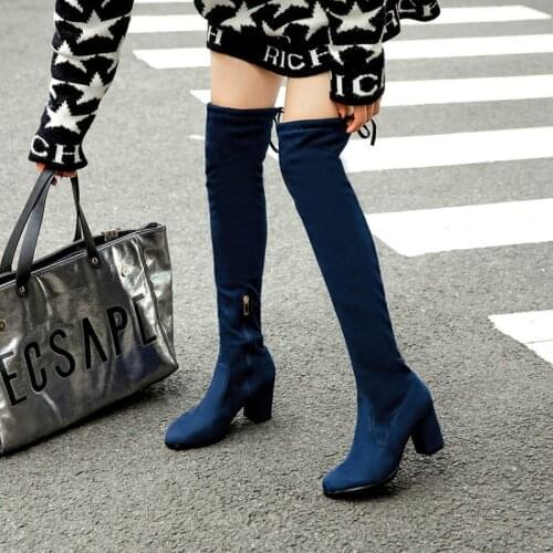 Faux suede soft stretch fabric womans boots block high heels overknees boots for women winter warm fleece over-the-knee boots