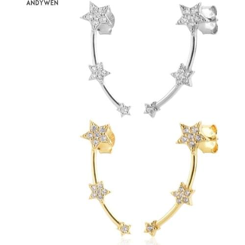 ANDYWEN 925 Sterling Silver Gold Three Star Line Stud Earring Women Piercing Women Fine Jewelry Clips Pnedientes Jewels