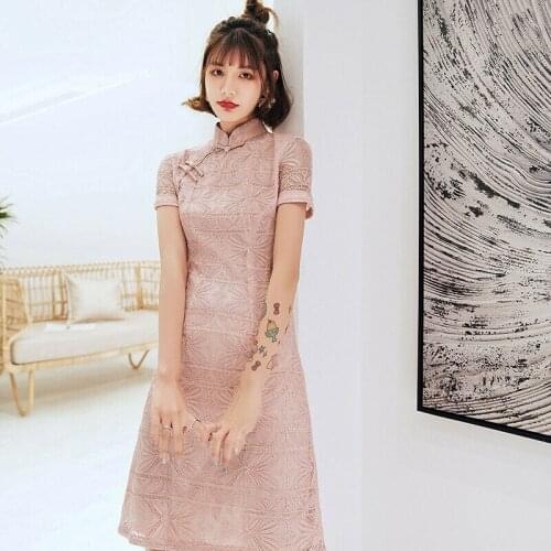 Modified Chinese Lace Cheongsam Women Summer Lace Dress Party Gown Size S to 2XL