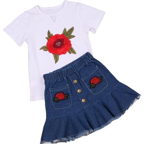 Toddler Baby Girl 2PCS Outfits Set Short Sleeve Embroidery T shirt Top + Flower Button Skirts Summer Casual Clothes