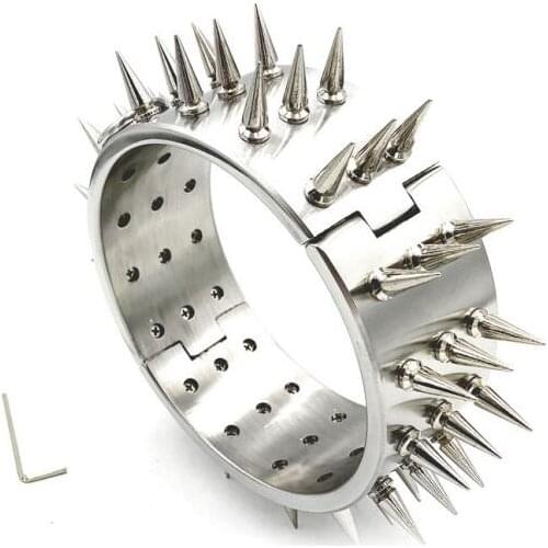 6CM High Three-Row Stab Stimulate Stainless Steel Necklet Neck Ring Metal Collar Restraint Bondage Lock Adult BDSM Sex Toy