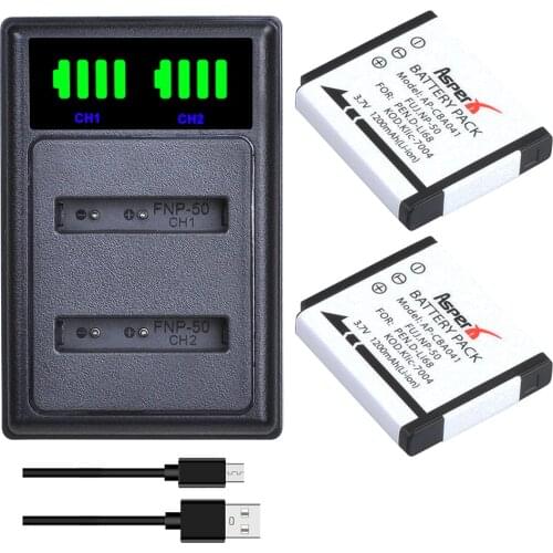 AsperX 2Pcs FNP50 NP-50 NP50 Batteries + LED USB Dual Charger for FUJIFILM for Pentax D-Li68 for KODAK KLIC-7004 K7004 Camera
