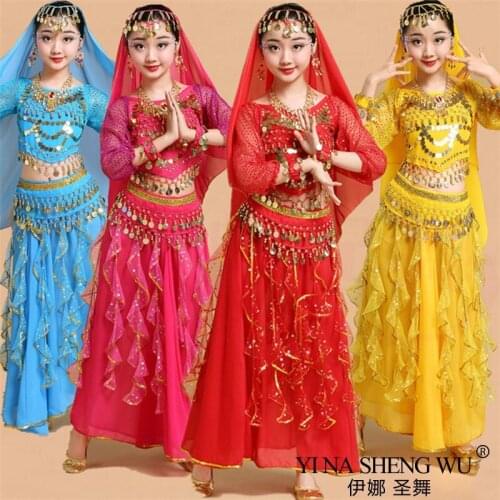 Kids Girls Belly Dance Costumes Set Oriental Dance Children Dresses India Belly Dance Clothes Long Sleeve Indian Dance Costume
