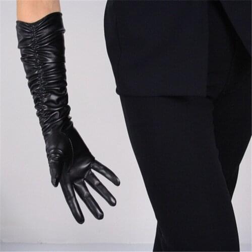 Touchscreen Long Gloves Womans Simulation Leather PU Pleated Pile Black Silk Lined Female Touch Leather Gloves 40-50cm PU81