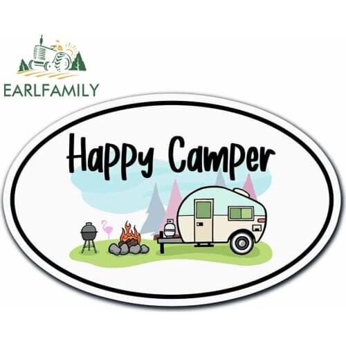 EARLFAMILY 13cm x 8.3cm For Happy Camper Car Stickers Cartoon Decal Surfboard Vinyl Material Car Accessories Decoration