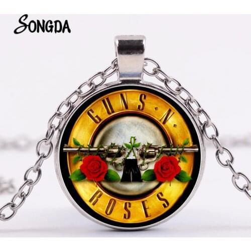 Guns N Roses Rock Band Necklace Steampunk Music Band Logo Symbol Glass Crystal Pendant Long Necklaces for Fans Souvenirs
