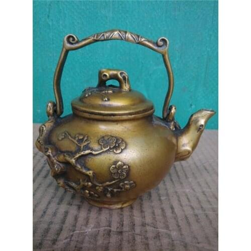 HOT SALE Home OFFICE TOP Decor art - good collection CHINA plum blossom bronze teapot sculpture statue --13 CM SIZE