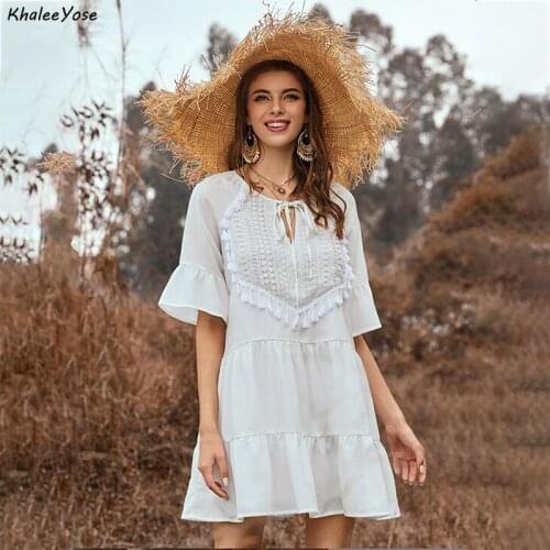 KHALEE YOSE White Summer Dress Women Mini Dresses Flare Sleeve Tie Up Layer Tassels Ruffles Casual Chic Streetwear Dress 2020