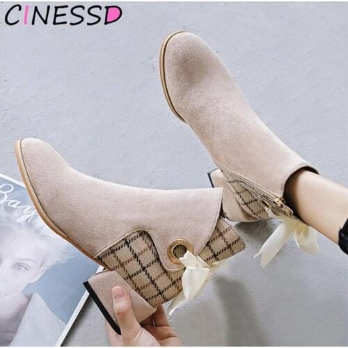 Plaid Winter Boots Women Suede Zipper Ankle Boots for Women Mid Heels Ladies Casual Elegant Female Botas Mujer Bottes Femme