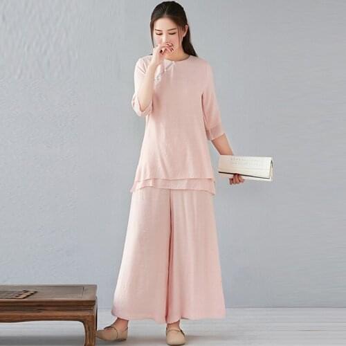 Chinese Style 2 Piece Sets Womens Outfits Cheongsam Top + Wide Leg Pants Set Tang Suit Female Elegant Two Piece Set Summer 30795