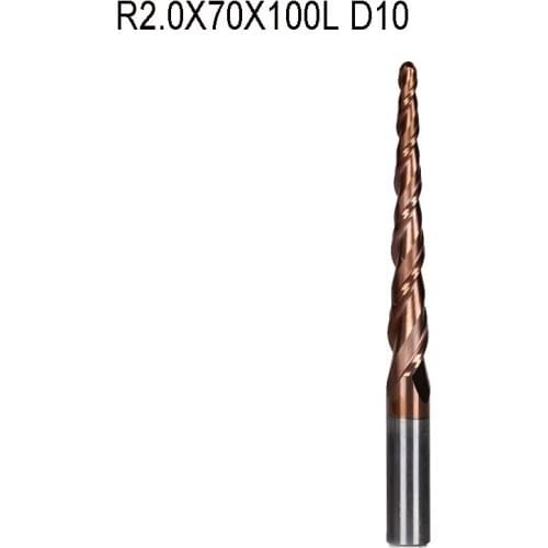 1pc R2.0*D10*70*100L*2F HRC55 Tungsten solid carbide Coated Tapered Ball Nose End Mills cone milling cutter wood knife tools