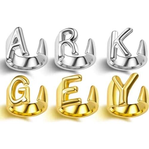 Fashion Chunky Wide Hollow A-Z Letter Gold Color Adjustable Opening Ring Initials Name Alphabet Female Party Wedding Jewelry