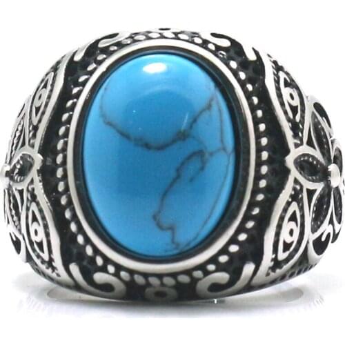 Mens Boys 316L Stainless Steel Cool Punk Gothic Vintage Blue Stone Flower Newest Ring