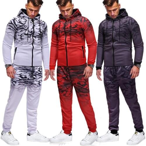 Autumn mens casual Tracksuit zipper hooded sweater+Pants suit camouflage gradient color design Sportswear Running 2 Piece Set