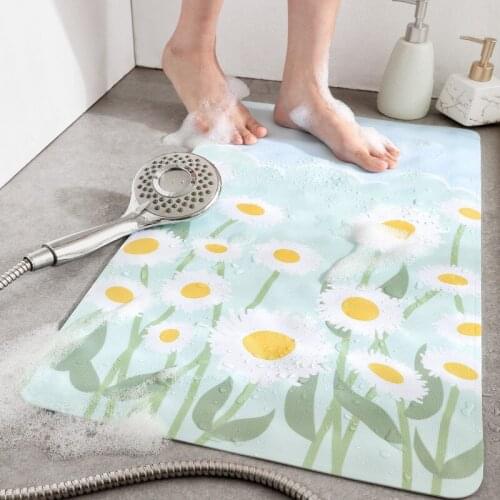 Flower Printed Shower Room Non-slip Bathroom Bath Mat PVC Suction Cup Anti-drop Floor Rug