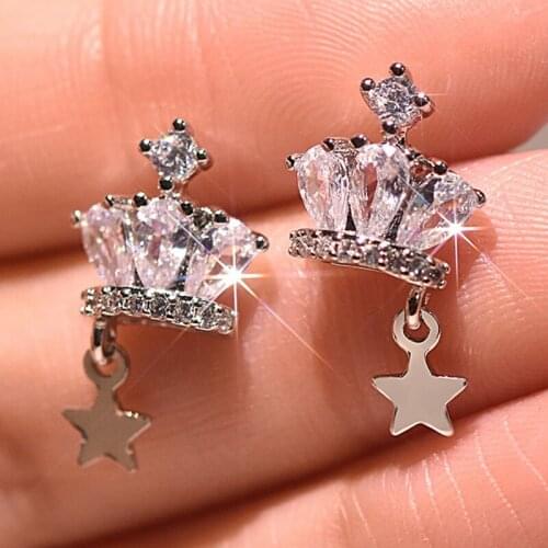 New Arrival Silver Color Star Dangle Earrings CZ Zircon Crown Shape Stud Earrings For Women Crystals Brincos Drop Earrings