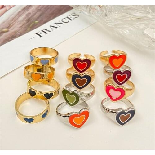 New Ins Trendy Creative Simple Colorful Love Heart Rings Double Layer Vintage Heart Couple Rings For Women Fashion Jewelry