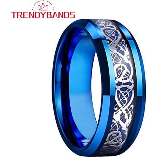 8mm Blue Dragon Tungsten Caribde Wedding Band For Men Women Jewelry Engagement Ring Beveled Edges Comfort Fit
