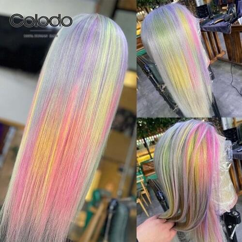 Purple Pink Rainbow Straight Lace Front Wig With Baby Hair Pre Plucked Transparent Lace Front Human Hair Wigs for Women COLODO