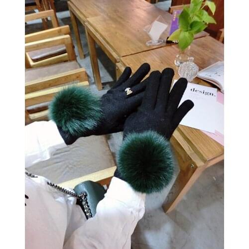 Fox Fur Ball Autumn and Winter Cashmere Gloves Keep Warm Simple Temperament Rhinestone Points Finger Touch Screen Gloves Women