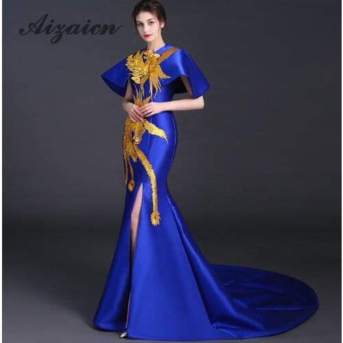 Sexy Split Royal Blue Evening Dresses Women Phoenix Embroidery Qipao Pattern National Chinese Wedding Dress Bride Traditions