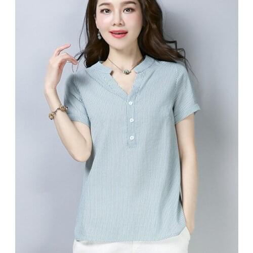 Striped Blouse Women Short Sleeve V-Neck Pink Shirt Plus Size 4xl Casual Blouses Work Tops Female Blusas Feminino Summer 2019