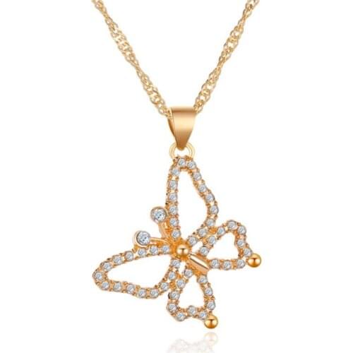 Hollow Butterfly Golden White Chain Bling Shining Rhinestone Alloy Pendants Fashion Necklace For Women Elegant Neck Chains