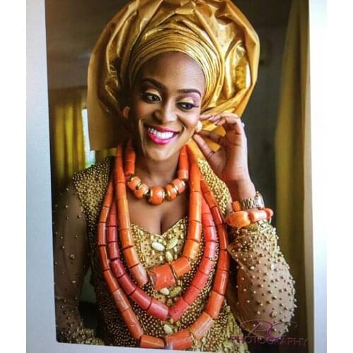 Luxury 4 Layers Real Nigerian Coral Beads Jewelry Set Big Coral Bead Heavy Bold Statement Bridal Necklace Set New ABH904