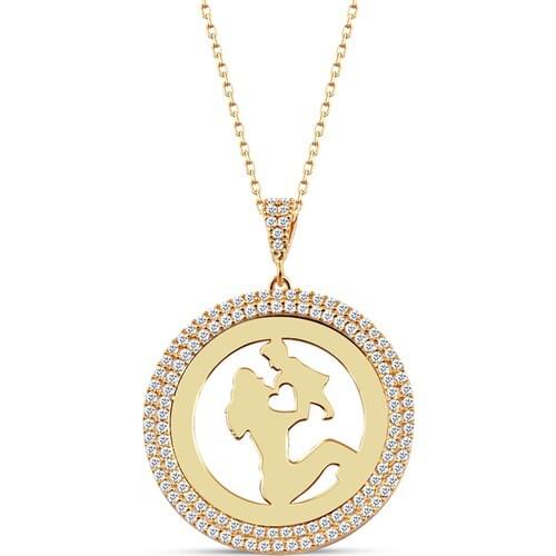 Dzg Silver Mother Baby Figured Double Row Cubic Zirconia Silver Plate Necklace