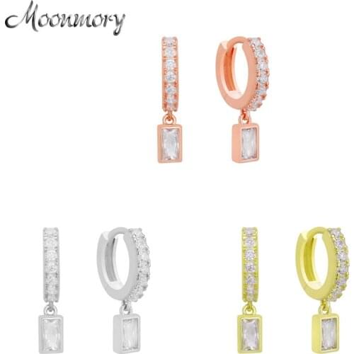 Moonmory 925 Sterling Silver Zircon Full Stone Rectangle Box Earring Hoop Huggies Earring For Women Classic Style Jewelry Gifts