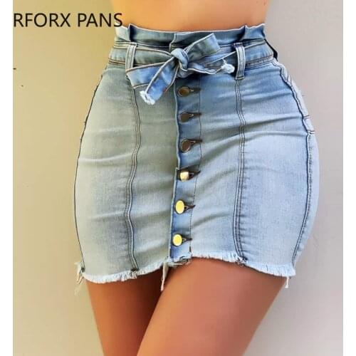 Women Summer Button Design Fringe Hem Denim Skirt
