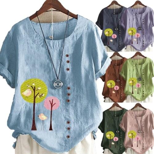 Womens New Fashion O-neck Cartoon Pattern Printed Short Sleeve Tops Loose Linen T-Shirt Casual Blouse S-5XL