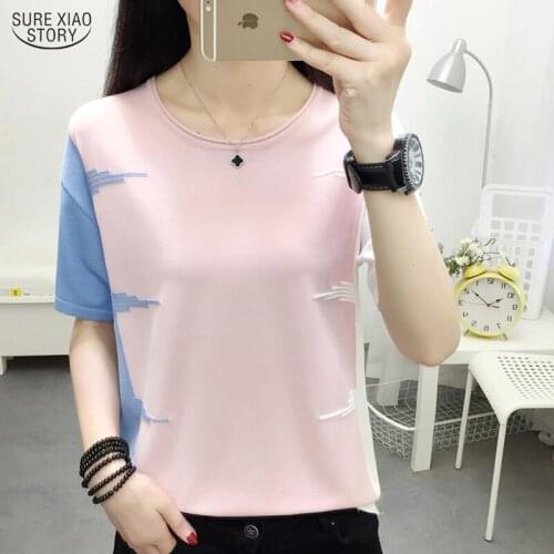 Women 2021 Summer Thin Knitted T-Shirt Pink O-Neck T Shirts Women Casual Woman T-Shirts Hit Color Tops Tee Shirt Femme 9761