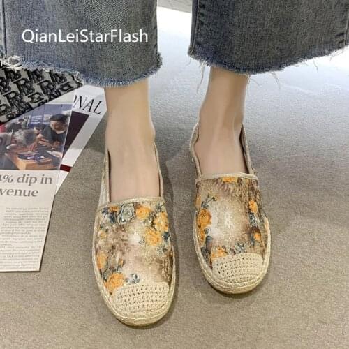 Women Flowers Print Flats 2021 Autumn New Fashion Shoes Female Espadrilles Straw Fisherman Woman Loafer Ladies Casual Shoe