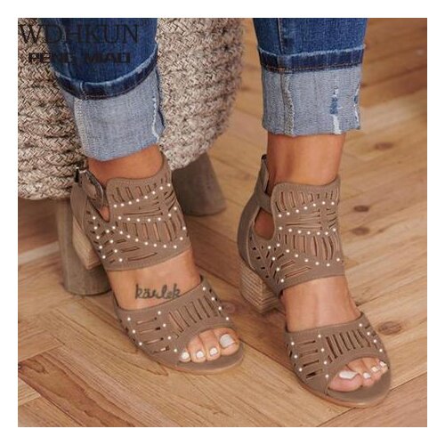 WDHKUN 2020 Women Sandals Women Vintage Hollow Out Peep Toe Square Heel Wedges Sandals High Heels Shoes Zapatos Mujer