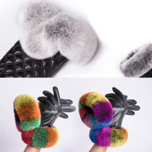 Women Winter Artificial Leather Touch Screen Gloves Cute Furry Wrist Thicken Plush Lining Warm Texting Driving Mittens