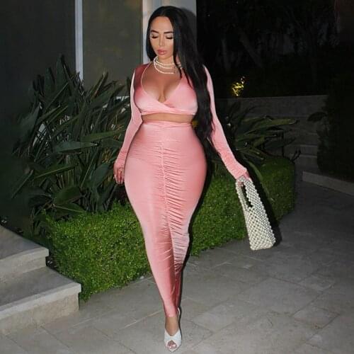 2Pcs Office Lady Women Sexy 2-piece Outfit Set Long Sleeve V-neck Crop Top+Ruched Long Hip Package Skirt Set for Ladies Female