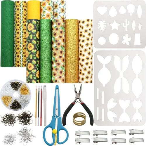 10 Pieces Faux Leather Fabric Sheets with Metal Hair Clips,Earring Bows Cut Molds,Earring Hooks,Jump Rings,Tools for Bows