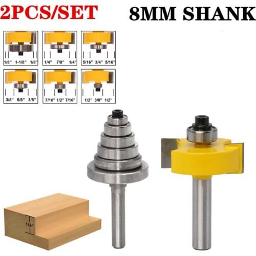 1Pc 8mm Shank Rabbet Router Bit Set With 6 Bearings Tenon Cutter Woodworking Milling Cutter Tools Factory Price