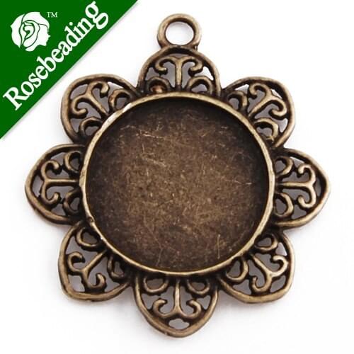 2013-2014 new arrived Antique Bronze Plated Flower Pendant trays,pendant bezel blanks,fit 20mm round cabocon,sold 20pcs/pkg