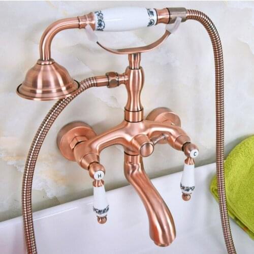 Antique Red Copper Brass Double Ceramic Handles Wall Mounted Bathroom Clawfoot Bathtub Tub Faucet Mixer Tap w/Hand Shower ana312